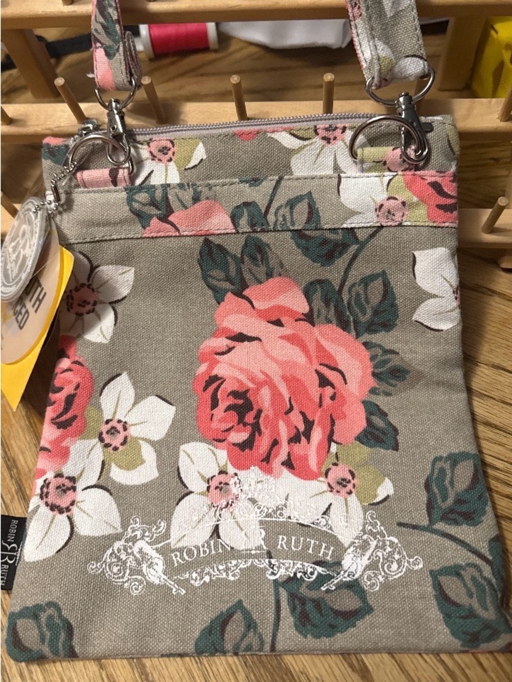 Robin Ruth Gray Crossbody Bag with Pink Floral Print